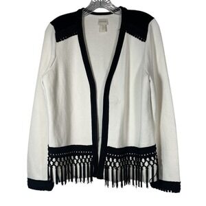 Chico's Sz 1 (S/M) Ivory Open Front Cardigan Sweater Black Fringe Tassels Cotton